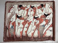 Full view of oil painting on canvas with market scene by Moy Halk, showing multiple stylized figures in white clothing and pineapples, raw canvas edges visible.