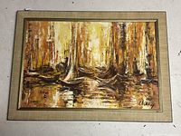Full view of large framed Mid-Century Modern abstract oil painting showing warm earth tone colors and signature in bottom right.