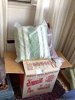 Pair of green and white striped throw cushions, one in plastic wrapping, placed on a cardboard box.