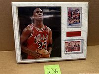 Front view of plaque showing photo, two cards and nameplate