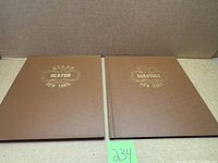 Closed atlases showing identical brown covers with gilt titles Ulster Atlas and Saratoga Atlas