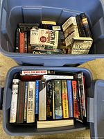 Two plastic bins filled with a variety of paperback and hardcover books. Titles visible include mystery novels, historical accounts, and general interest books. Top bin includes a DVD case for Sherlock Holmes.