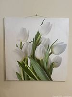 Full view of the white tulips canvas print, showing the entire bouquet and condition of the canvas.