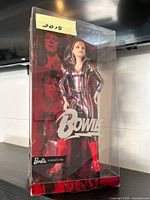 Front view of Barbie Signature David Bowie doll in original box with clear plastic case and character images on packaging.