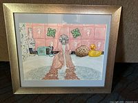 Framed painting of feet under running water faucet in bathtub with pink tiled background