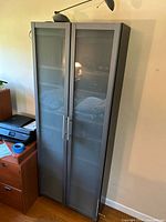 Full front view of the tall gray IKEA cabinet with glass doors, showing the size and shape.