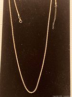 Full length view of the 18k gold filled rope chain necklace on a black background showing lobster clasp, extension chain, and overall length.