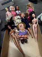 Box of 10 fashion dolls including various female dolls, one male doll, and one novelty character doll.