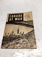 Front cover of the Canada at War booklet with a sepia-tone photo of Ottawa's Parliament Buildings and a pile of logs beneath a bridge.