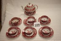 Seven teacups placed on saucers (mostly dessert plates acting as saucers) displayed in two rows on a white surface with soft light, showing floral and scenic patterns in pink.