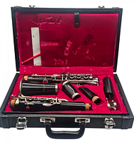 Full case open showing disassembled Andre Bardot clarinet parts resting in red velvet interior.