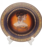Full view of the antique cabinet plate showing the hand-painted portrait of a woman and decorative border.