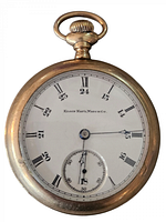 Front view of antique Elgin pocket watch showing white round dial with Roman numerals and central hour and minute hands plus subdial for seconds.
