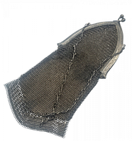 Antique metal mesh purse laid flat showing mesh texture and metal frame with ball clasps.