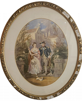 Full view of the oval watercolor painting of George Washington and woman, showing frame condition.
