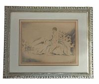 Front view of hand-coloured lithograph in ornate silver frame showing woman seated on a bed with floral background.