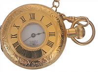 Gold-toned Helicon pocket watch closed showing engraved decorative case with Roman numerals and 17 jewels incabloc marking on dial window.
