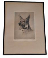 Framed drypoint etching of a German Shepherd dog by H. Goffey, titled 'Alert'. The artwork shows detailed line work and is signed in the lower right corner.