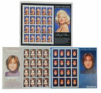 Photo showing three stamp sheets featuring Marilyn Monroe and John Lennon with biographical details