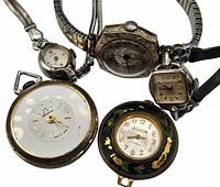 Grouped photo of all 5 vintage watches together showing style, size and condition differences including engraved case and floral decoration