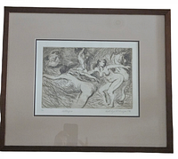 Frontal photo of the signed limited edition print in frame, depicting nude figures in black and white.