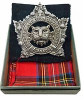 Front view of Sutherland and Argyll Regiment badge mounted on black fabric with red tartan cloth beneath in a display box.