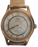 Top-down view of vintage Aquatel wristwatch showing dial, text, and condition with scratched and cracked crystal.