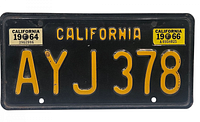Full black California license plate AYJ 378 with yellow lettering and two vintage registration stickers from 1964 and 1966.