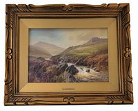 Front view of framed watercolor painting featuring a natural mountain landscape with a stream and rocks.