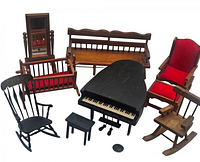 Full set of vintage dollhouse wooden furniture including piano, benches, chairs, cradle, mirror and ottoman