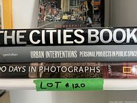 Stack of books showing titles including The Cities Book, Urban Interventions, and 100 Days in Photographs with lot number visible.