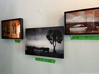 Three framed photographs displayed on wall labeled with sizes and lot numbers