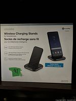 Front view of the Ubiolabs wireless charging stands twin pack box showing product image and key features such as 10W Qi wireless charging and 7.5W quick charge for iPhone and Samsung.