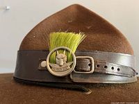 Close-up of one brown felt Boy Scout hat showing leather band with metal badge and green bristle plume.