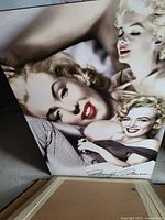 Full view of the large photographic print depicting multiple images of Marilyn Monroe and her printed signature at the bottom.