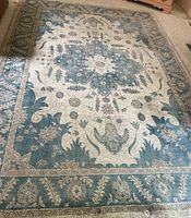 Full view of the rectangular area rug showing the floral and medallion pattern in cream and light blue colors.