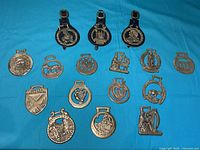 Full view of all 15 horse brass medallions laid out on blue cloth, showing varied shapes and designs including mounted and loose pieces.