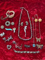 Full view of all jewelry items laid out on red velvet background showing various necklaces, earrings, bracelets, pins and clips in vintage style.