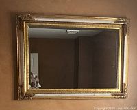 Front view of large rectangular mirror with ornate gold framed edges, mounted on a brown wall.