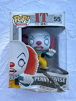 Front view of boxed Pennywise Funko Pop figure from IT The Movie series 55, showing figure inside clear plastic and box artwork