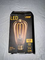 Front view of the LED bulb box showing product name, LED type, 250 lumens, 6.5W power, 15000 hours life, amber glass ST19 base, warm white 2000K light