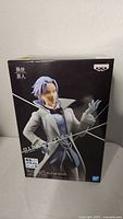 Front of box showing figure with lavender hair in white coat and blue suit, new in box.