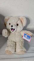 Front-facing image of the vintage Snuggle fabric softener bear showing full body and original Snuggle brand tag on arm.
