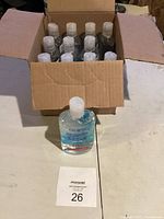 Photo showing a cardboard box containing 12 clear plastic bottles of hand sanitizer gel with white flip caps, one bottle placed in front.