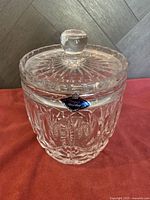 Royal Brierley leaded crystal ice bucket with lid showing the intact label and intricate cut patterns.