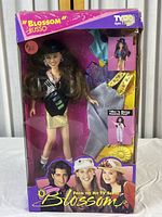 Front view of Blossom Russo doll packaged in original box showing outfit and accessories with box wear