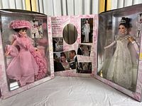 Open display of both Barbie dolls in original boxes, showing detailed costumes and inner packaging collateral.