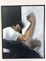 Framed painting showing two men in a fight, one pinned against a cracked wall, with split black and white background halves.