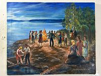 Full view of the oil painting depicting the lakeside bonfire scene during midsummer, showing detailed figures and natural landscape elements.