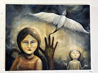 Frontal view of oil painting showing a young figure, a ghostly white bird rising from a dark hand, and a second figure in background, with moody dark and light blended palette.